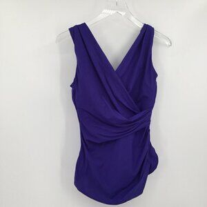 Lands End Slender Surplice skirted swimsuit Tummy Control grape purple new 10